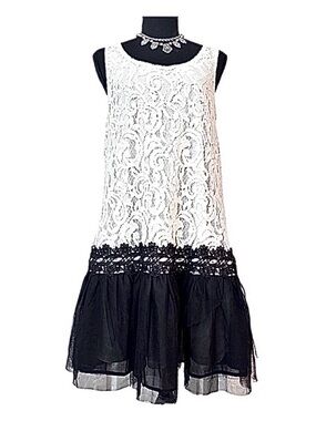A'REVE ~ Off White/Creme/Black Lace and Tulle Detail Dress w/Back Tie Ribbon